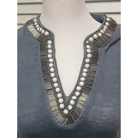 Chico's Dusty Blue Beaded Long Sleeve Tunic Top SZ M - Picture 2 of 7